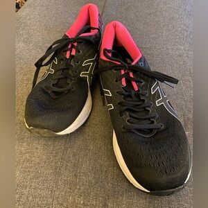 Women's Black and Pink Asics Running Shoes
